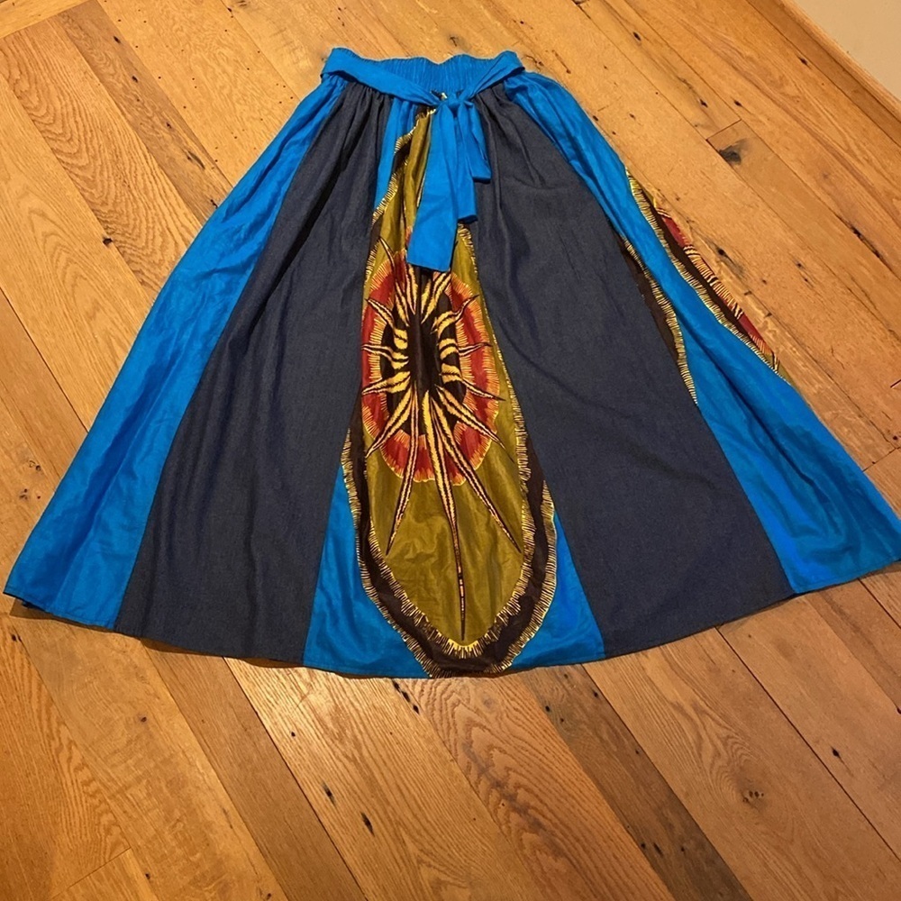 Sash Multi Media Paneled Elasticated Waist Maxi Length Skirt Blue Olive Orange S